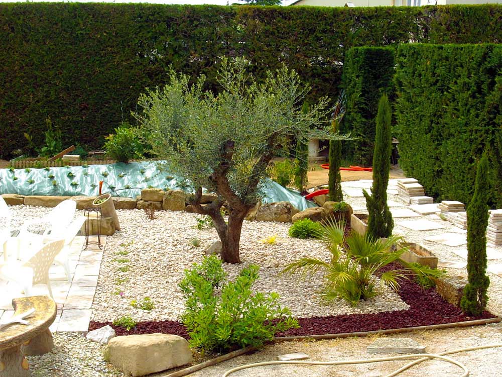 Amnagement autours d'une piscine : Massif sec et alle - Les Jardins de Bastide